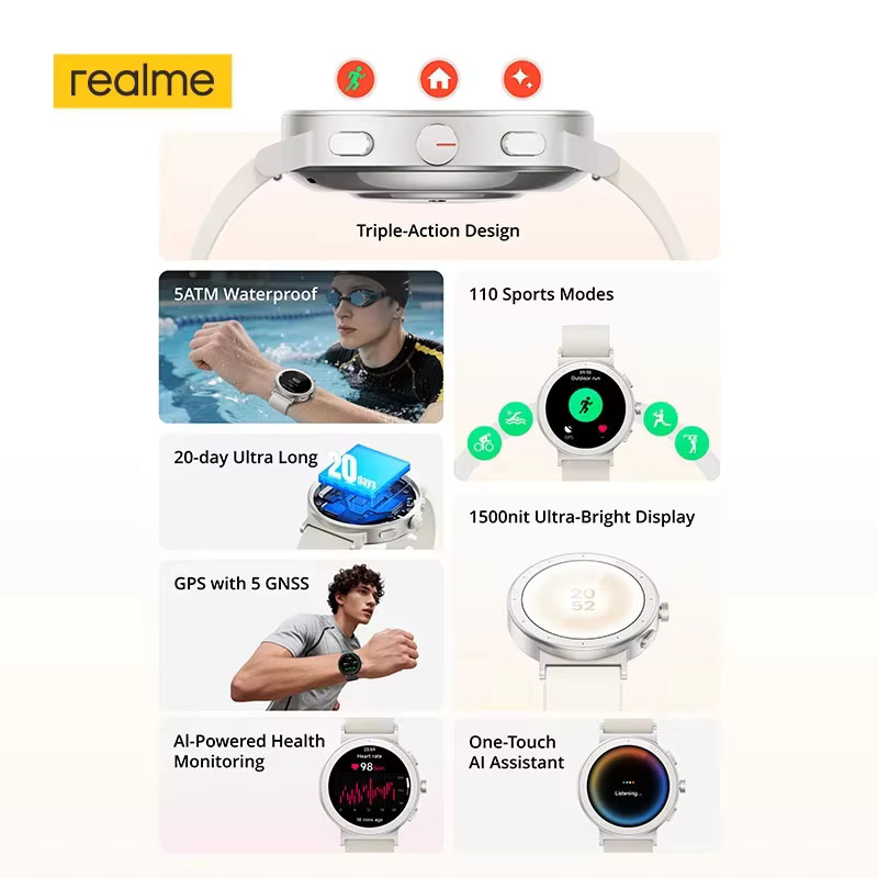 realme Watch S5 Smartwatch in Schwarz mit 1,43 Zoll AMOLED-Display, 5 ATM Wasserdichtigkeit und Silikonarmband - Bild 2