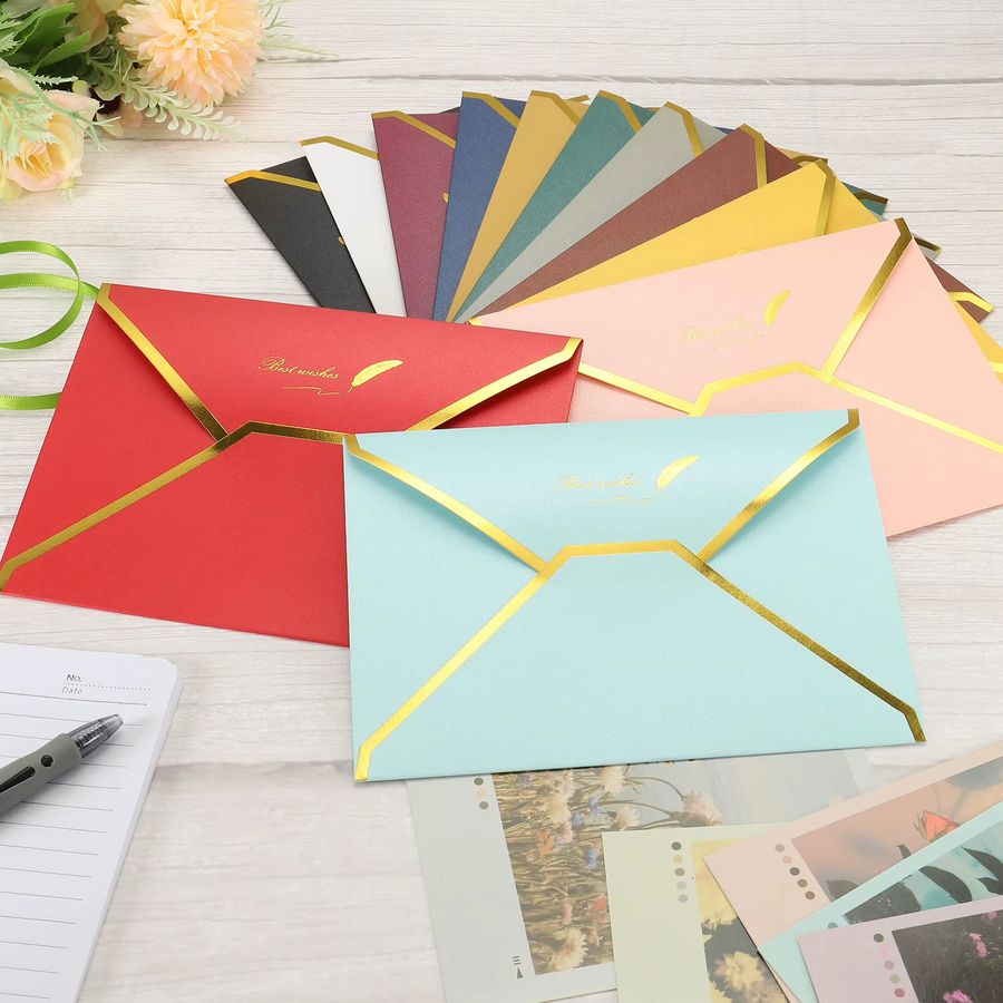 10 Stück Luxus Grußkartenumschläge mit V-Klappe und Goldrand für Hochzeiten, Farbe: Grün und Gold, B: 17,8 cm, H: 12,7 cm - Bild 2