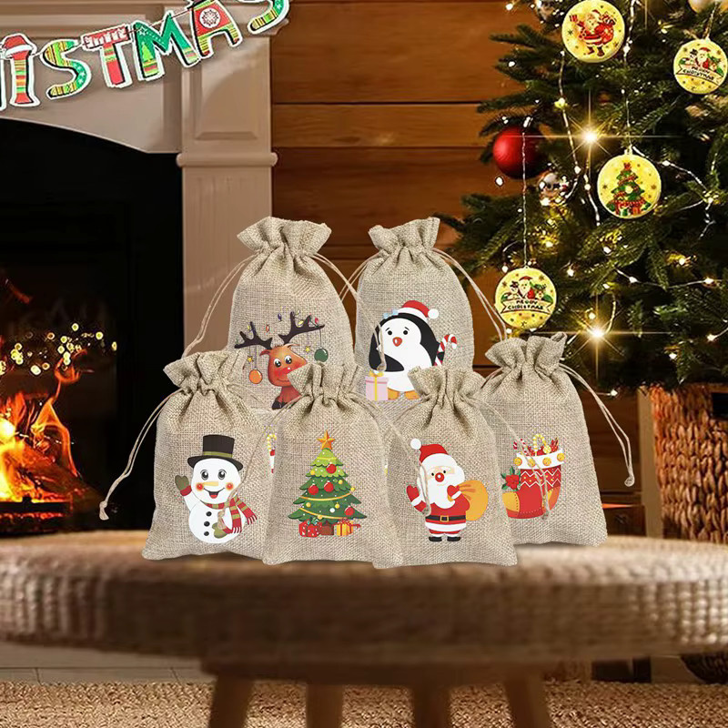 6er Set Leinen-Geschenkbeutel in Beige für Weihnachten und Neujahr - Bild 3