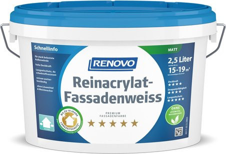 RENOVO Reinacryl Fassadenweiss, matt, Weiss, Dispersion auf Wasserbasis für Mauerwerk - Bild 1