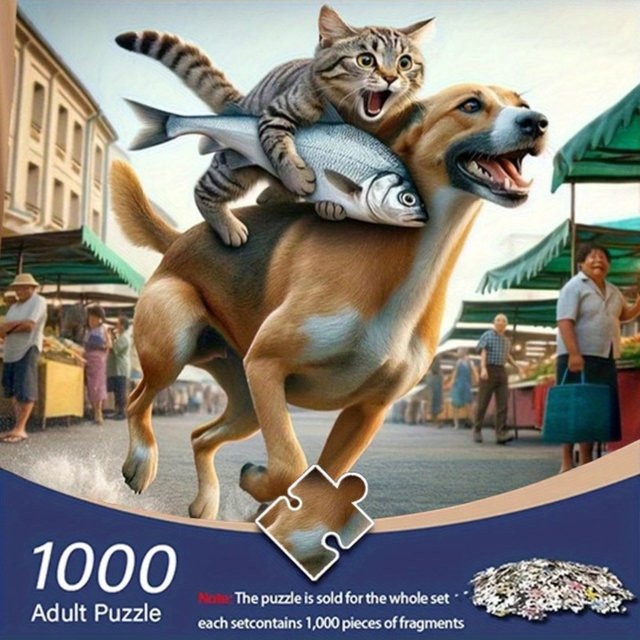 AZNM Puzzle, süßer Hund mit Katzen- und Fischmarktszene, 1.000 Teile - Bild 1