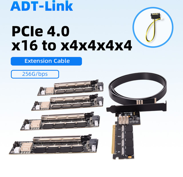 ADT-Link PCI-E 4.0 X16 FFC Grafikkarte GPU Verlängerungskabel mit One to Four Split Adapter in Schwarz - Bild 1