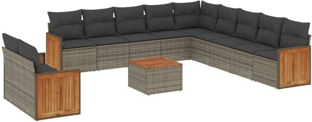 vidaXL 12-teilige Garten-Sofagarnitur aus Poly-Rattan und Akazienholz in Grau mit Kissen - Bild 1