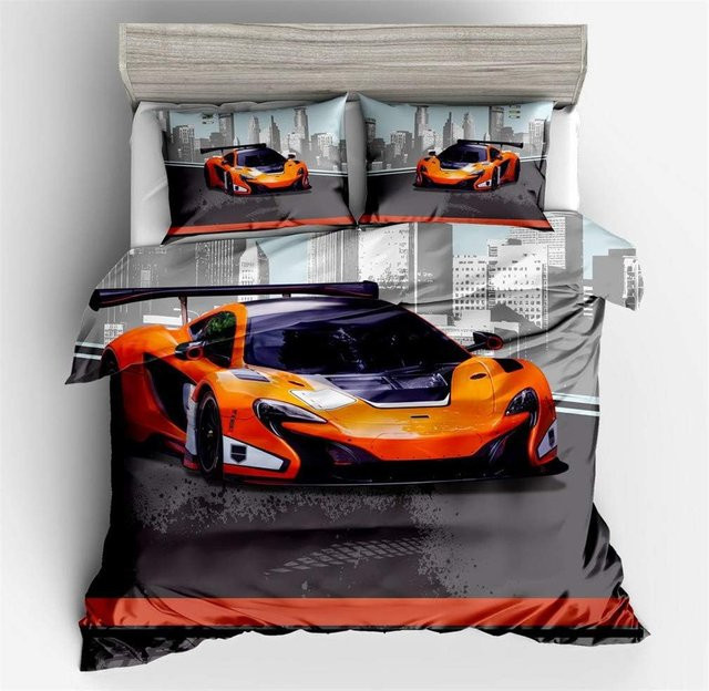 Bettwäsche-Set mit 3D Rennauto Supercar Design für Jungen und Teenager, Farbe Orange, Material Mikrofaser, bestehend aus 1 Bettbezug mit Reißverschluss und 1 Kissenbezug, B/H: 180 x 210 cm - Bild 1