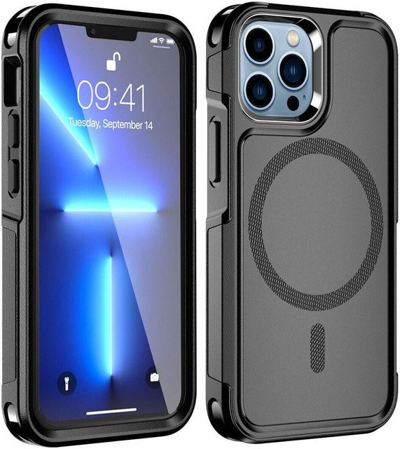 MagSafe iPhone Hülle für iPhone 16 15 14 13 12 Pro Max Mini Plus – Stoßfeste magnetische Hybrid-Schutzhülle mit Matt-Finish in Schwarz - Bild 1