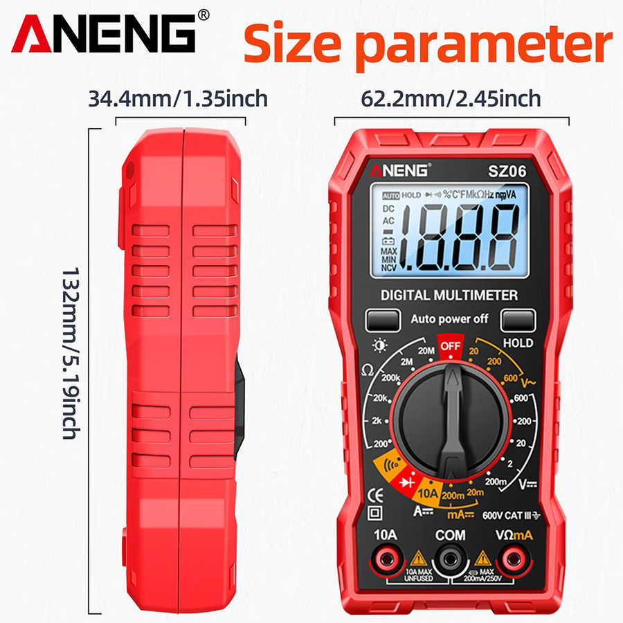 ANENG SZ06 Digitalmultimeter in Schwarz mit 1999 Zählung, AC/DC Amperemeter, 600 V Voltmeter, Widerstandsmesser und Diodentest mit LCD-Hintergrundbeleuchtung - Bild 4