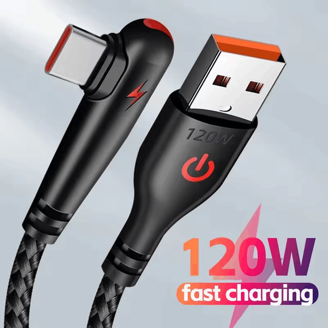 USB Typ-C Schnellladekabel mit 90-Grad-Winkel, 120 W Hochgeschwindigkeits-Datenkabel in Schwarz und Rot - Bild 1