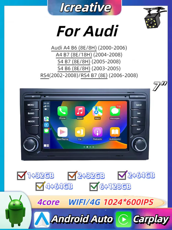 Icreative Android Autoradio mit Carplay und GPS für Audi A4 B6 B7 S4 RS4 sowie Seat Exeo, 2Din Multimedia Video Player Stereo in Schwarz - Bild 6
