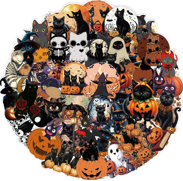 Wasserdichte Halloween Aufkleber mit schwarzer Katze, transparente Cartoon Sticker für Laptop, Telefon und Auto, Farbe Schwarz - Bild 1