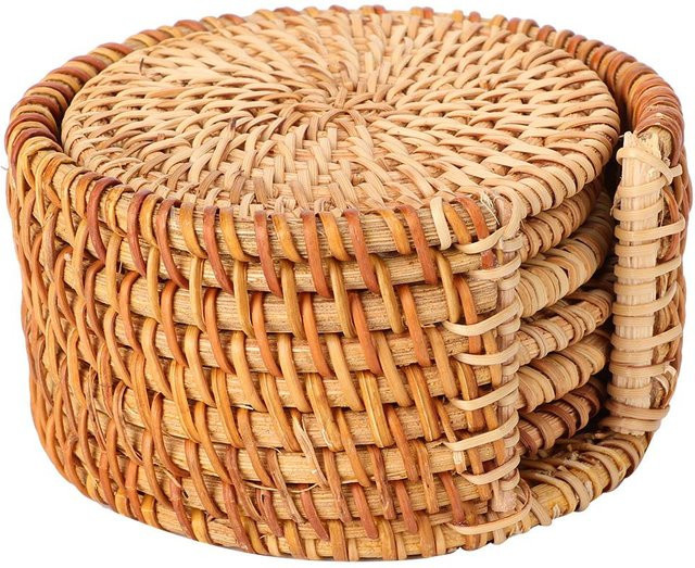 CosyHome Rattan Untersetzer Set aus Holz, 6 Stück runde Isoliermatten für Tee Tassen und Teekannen, beige - Bild 1