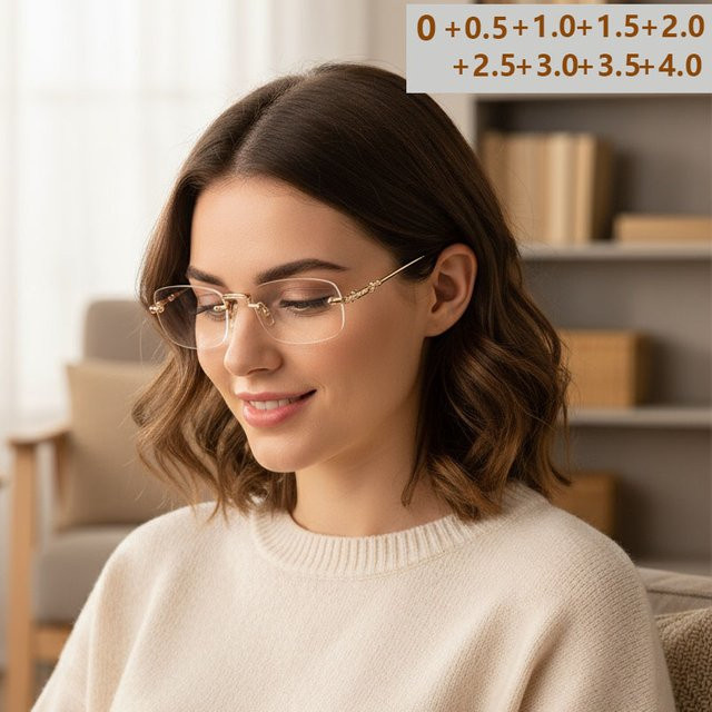 Lesebrille, randlos, quadratisch, Gold, Metall, Anti-Blaulicht - Bild 1