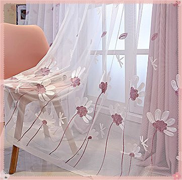 ZJBYZHOUSEHOLD Vintage Gaze-Vorhang mit roter Blumenstickerei in Weiß, transparent, B/H: 100 x 220 cm - Bild 1