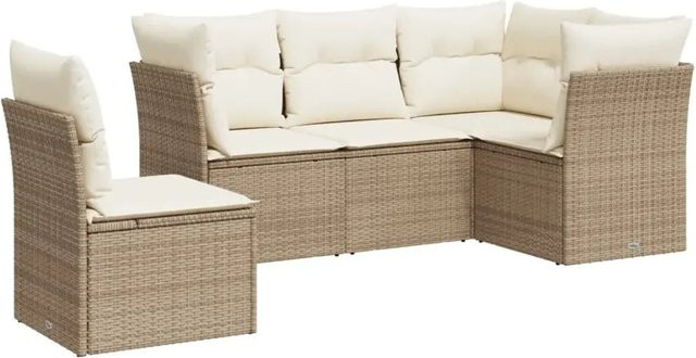 vidaXL 5-teilige Garten-Sofagarnitur aus Poly-Rattan mit Kissen in Beige-Creme - Bild 1