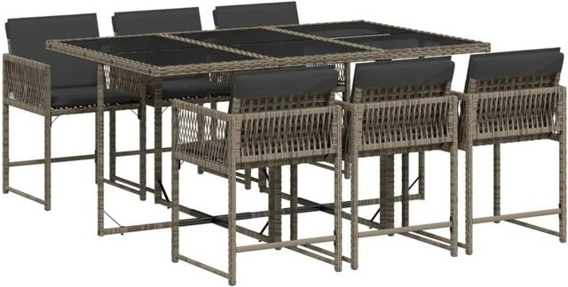 vidaXL 7-tlg Garten-Essgruppe aus Poly-Rattan in Grau mit Kissen und Hartglas-Tischplatte - Bild 1