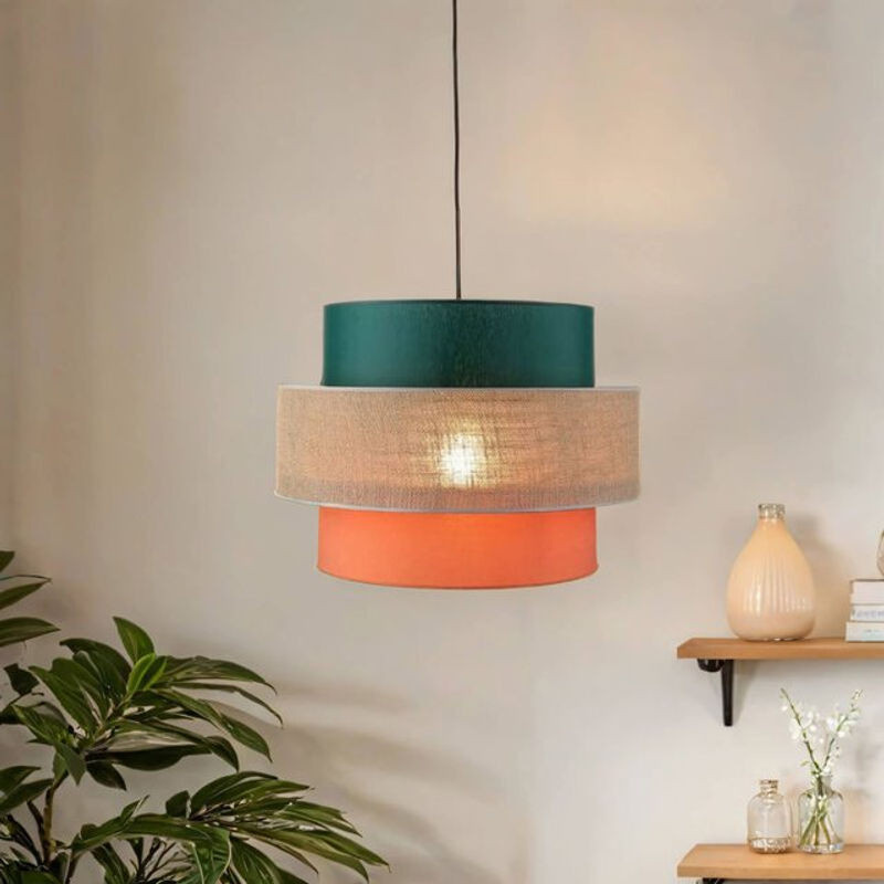Moderne Pendelleuchte von LICHT-ERLEBNISSE aus Metall und Stoff in Schwarz, Natur, Orange und Grün mit E27 Fassung, Durchmesser: 50 cm, Höhe: max. 160 cm - Bild 1