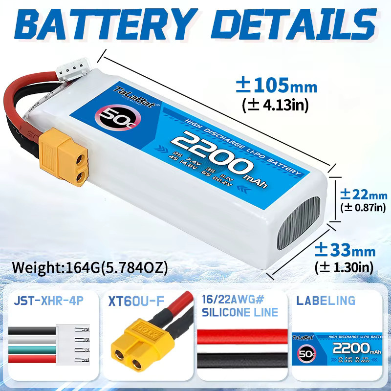 3er-Set TalaBat 3S Wiederaufladbare LiPo-Batterie 11,1V 2200mAh 50C mit XT60-Anschluss für RC-Trucks, Autos und FPV-Drohnen - Bild 3