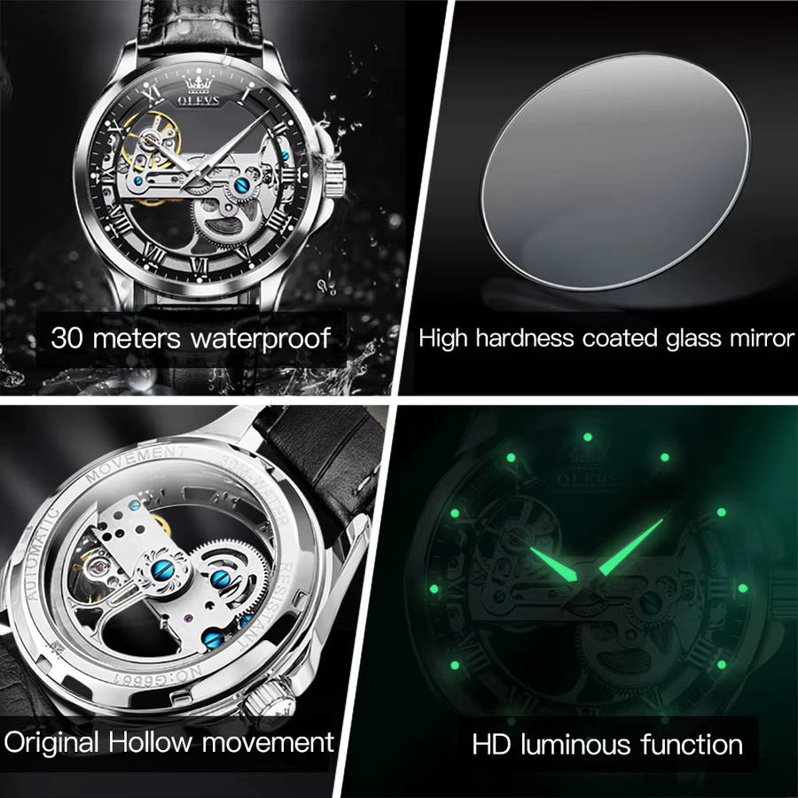 OLEVS Armbanduhr, Automatik, Leder, Schwarz, Herren - Bild 4