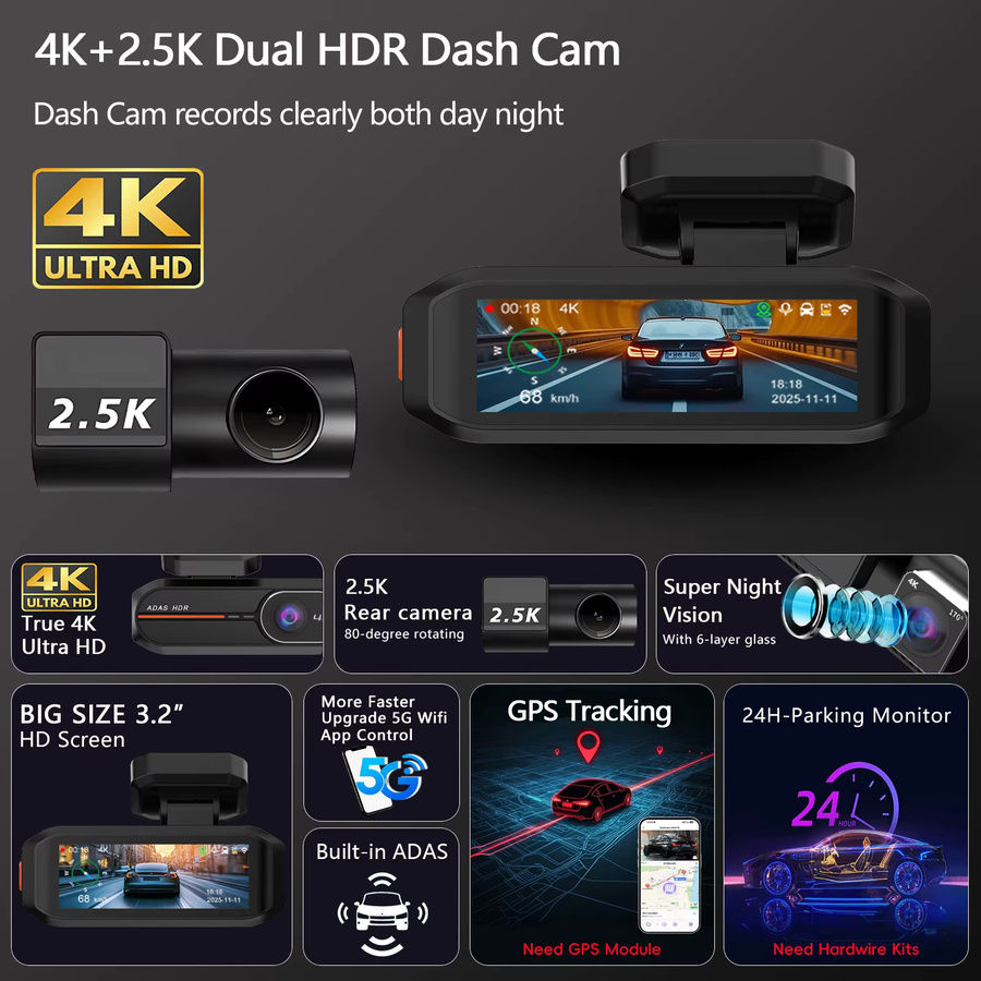 OMGO ADAS Dashcam mit 4K+2.5K Auflösung, GPS und 5G WiFi, 24-Stunden-Nachtsicht, Mini-Dual-Objektiv Auto-DVR Videorekorder als Black Box für Fahrzeuge, Schwarz - Bild 4
