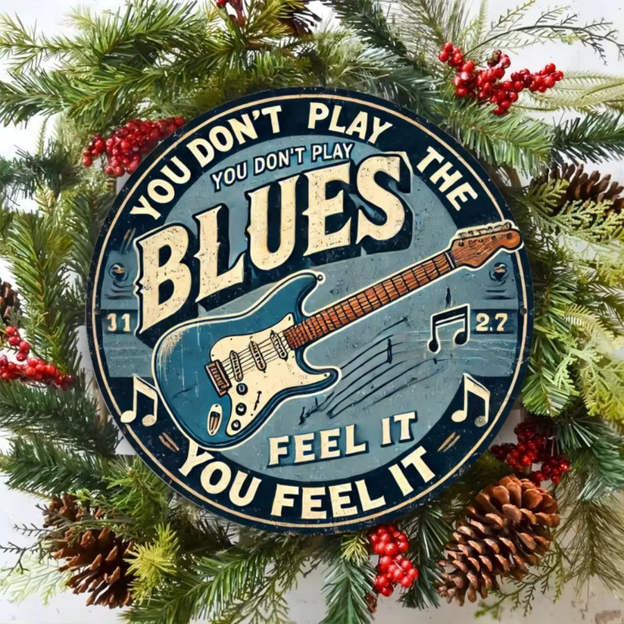 Vintage Blues Gitarren Metallschild von Potdemiel – Runde Wanddekoration aus Eisen für Bar, Café und Küche, Durchmesser: 20 cm - Bild 3
