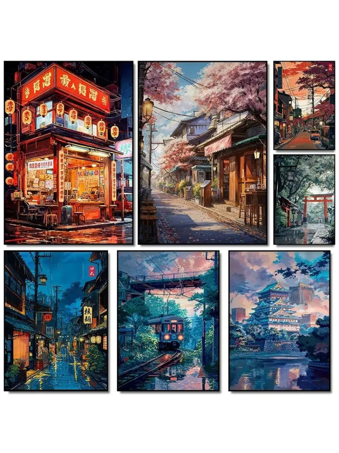 YUTTEE 5D Diamantmalerei Japan Anime Tokyo Stadtlandschaft mit Kirschblüten als Wanddekoration, Rund, B: 20 cm, H: 30 cm - Bild 3