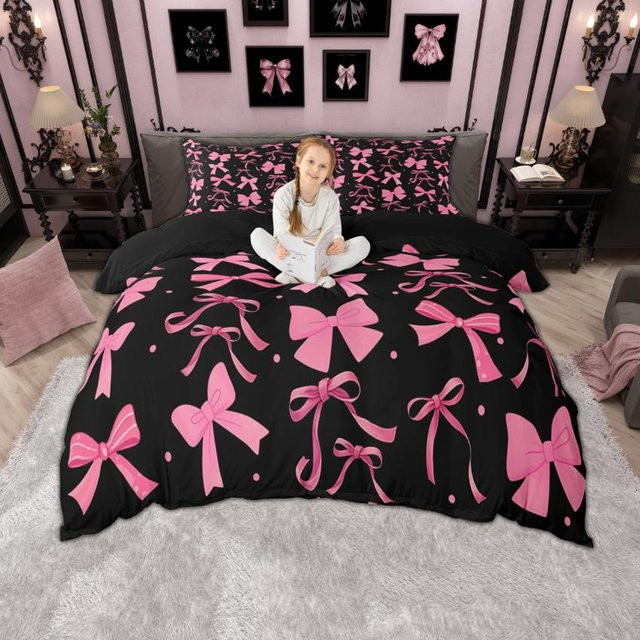 Homewish Bettwäsche-Set mit Leopardendruck und Schleifenknoten-Design für Mädchen, 3-teilig, Farbe: Schwarz, B/H: 180 x 210 cm - Bild 1