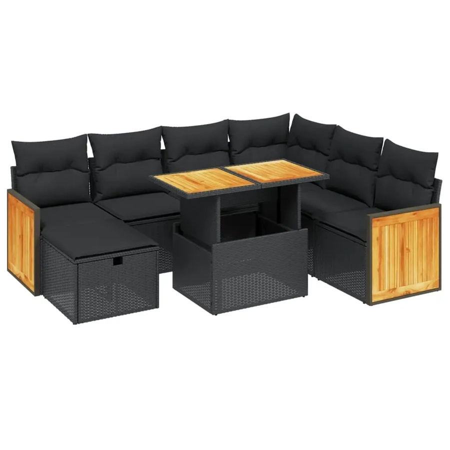 vidaXL 8-teilige Garten-Sofagarnitur mit Kissen aus Poly-Rattan und Akazienholz in Schwarz - Bild 2