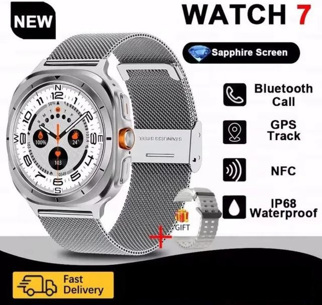 ZODVBOZ Smartwatch 7 Ultra mit AMOLED-Bildschirm, Silber, Edelstahl Milanaise-Armband, Unisex Fitness-Tracker mit Herzfrequenzmessung und Schrittzähler - Bild 1