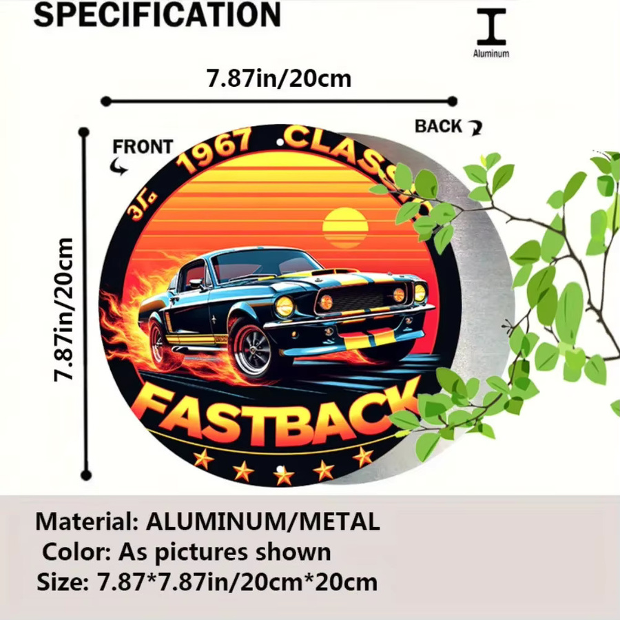 Rundes Vintage Aluminium-Metallblechschild Potdemiel mit 1967 Classic Fastback Design, Flammen und Sonnenuntergang, Durchmesser: 20 cm, Mehrfarbig - Bild 3