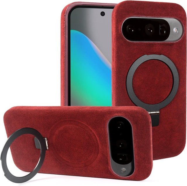 Alcantara Kunstleder Handyhülle mit faltbarem Halterständer für Google Pixel 10 Pro 9 8 7 in Rot - Bild 1