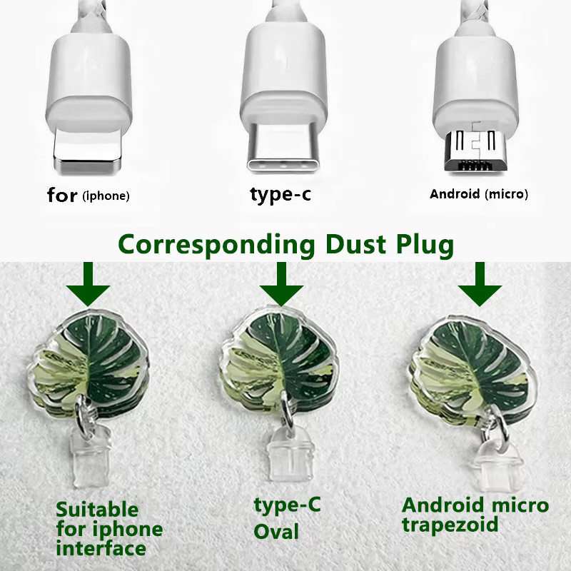 Dekorativer Anti-Staub-Anhänger für dein Smartphone mit grünem Blatt-Design und Acryl-Ladeanschluss-Schutz - Bild 2