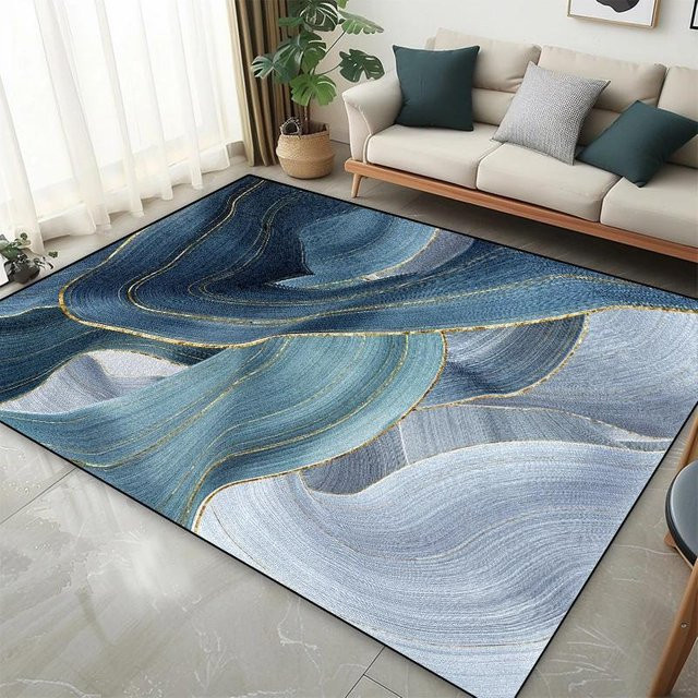 Moderner Teppich von Karpetti im nordischen Stil mit abstraktem Streifenmuster, blau, rutschfest und waschbar, B/H: 80 x 160 cm - Bild 1