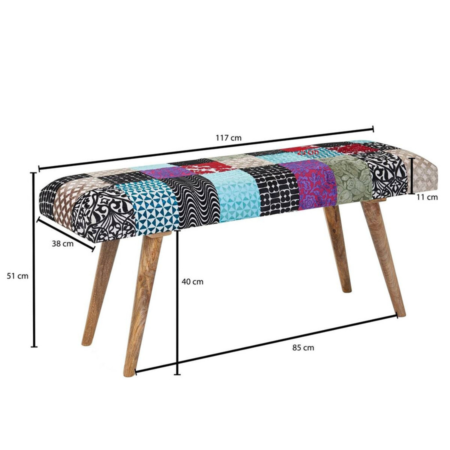 Wohnling Sitzbank Boho mit buntem Stoff und Echtholz aus Mango, B/H/T: 117 x 51 x 38 cm - Bild 2