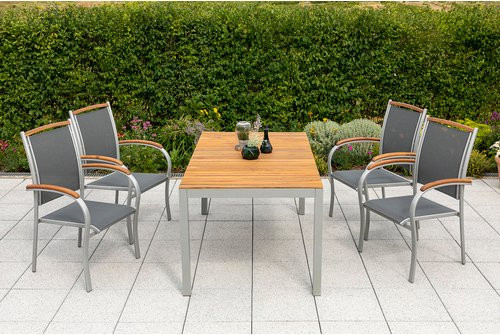 Merxx Gartenmöbelset Siena 5-teilig mit Tisch und 4 Stapelsesseln aus Aluminium, Akazienholz und Textil, B/T: 150 x 90 cm, silberfarben - Bild 1