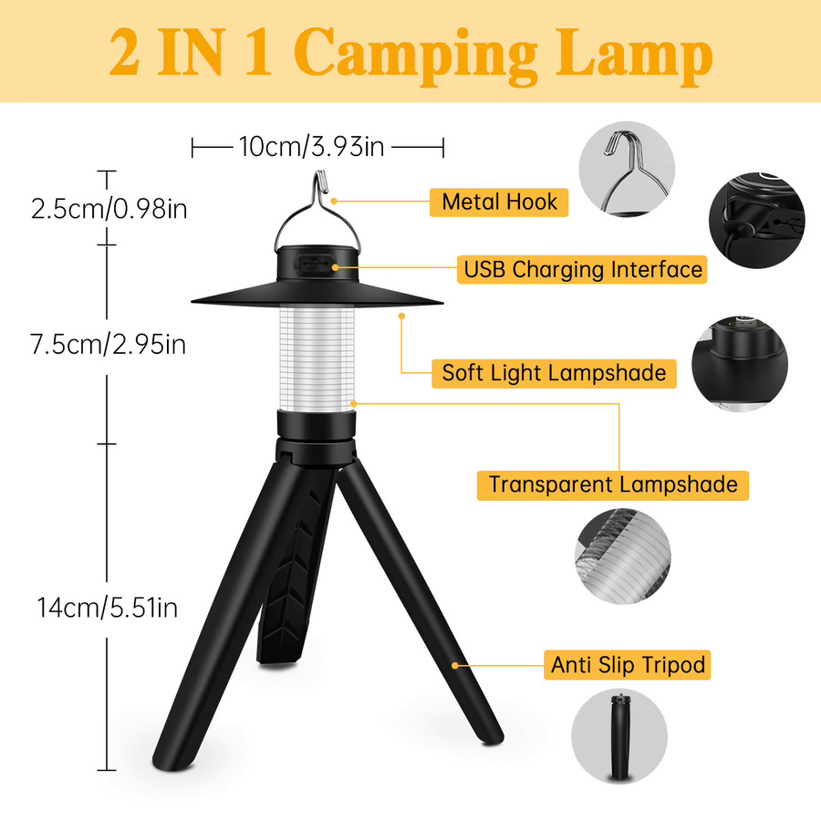 AMARYLLIS LED Camping Laterne mit Stativ und Magnet, USB-aufladbare Notlampe mit 4 Beleuchtungsmodi, Schwarz - Bild 2