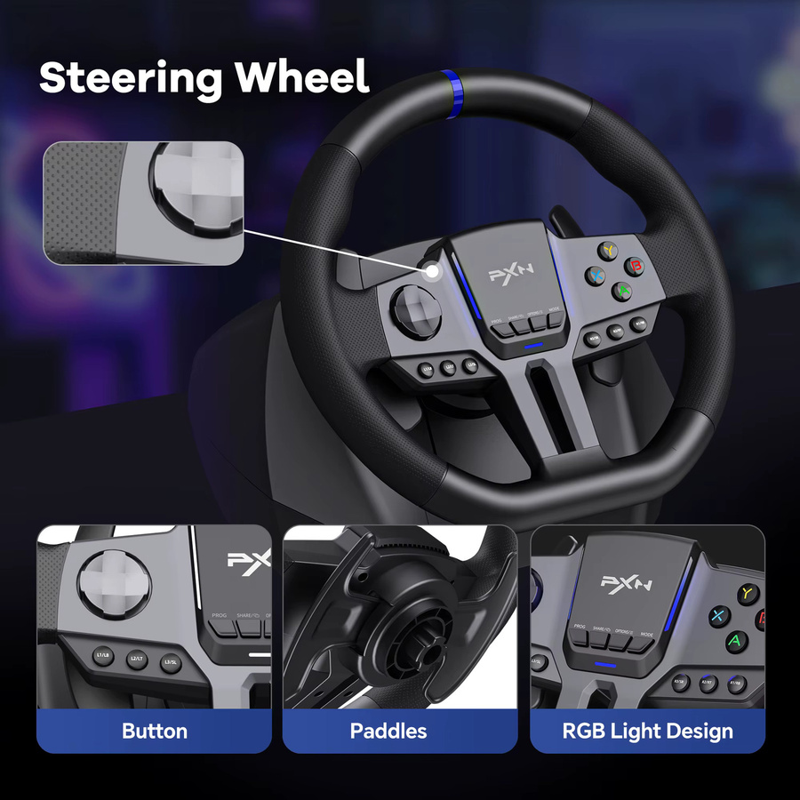 PXN V9 GEN2 Racing Wheel für PC, Xbox und PS4 mit 270/900 Grad, Hall-Sensor, 3-Pedal-Set, H-Schalthebel, Dual-Paddles und RGB in Schwarz - Bild 2
