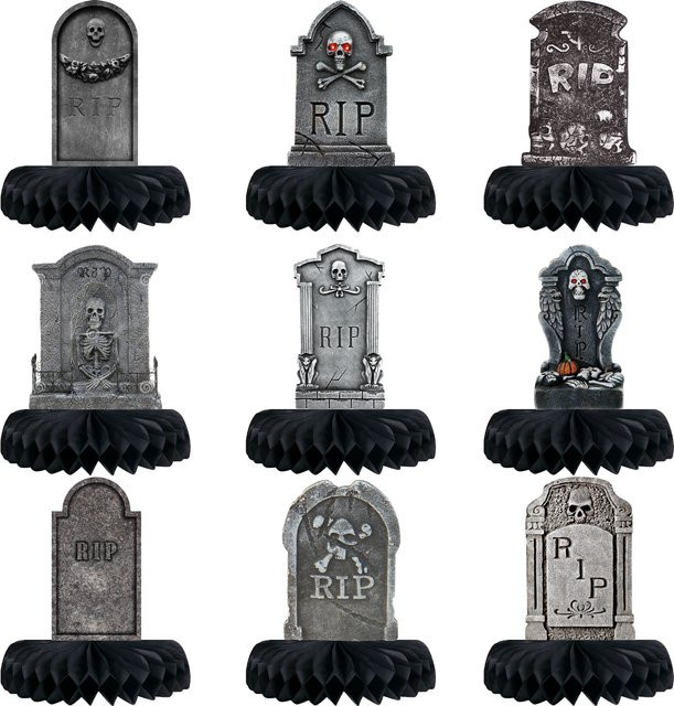 9 Stück Halloween Grabstein Waben-Tischdekoration von Joy-enlife in Grau aus Papier für deine Party und Spukhaus-Dekoration - Bild 1