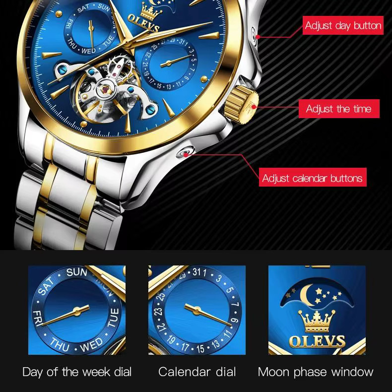 OLEVS Armbanduhr Automatik, Edelstahl, Mondphase, Herren - Bild 6