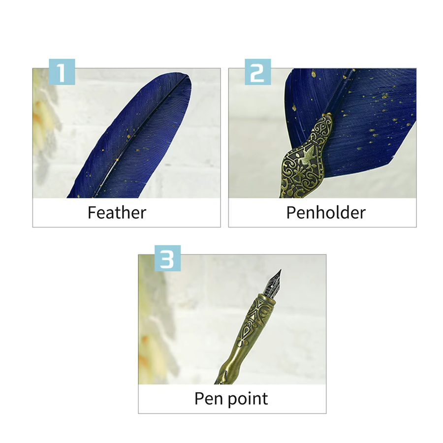 Luxuriöser Kalligraphie-Tauchstift mit glitzerndem Federkiel und Ersatzspitzen in Blau - Bild 2