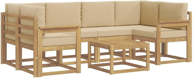 vidaXL Outdoor-Sofagarnitur aus Akazienholz in L-Form mit Kissen und Couchtisch, 7-teilig, Weiß und Beige - Bild 1