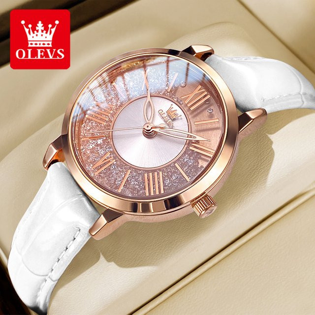 OLEVS Armbanduhr Damen, Quarz, Leder, Roségold, Kristall - Bild 1