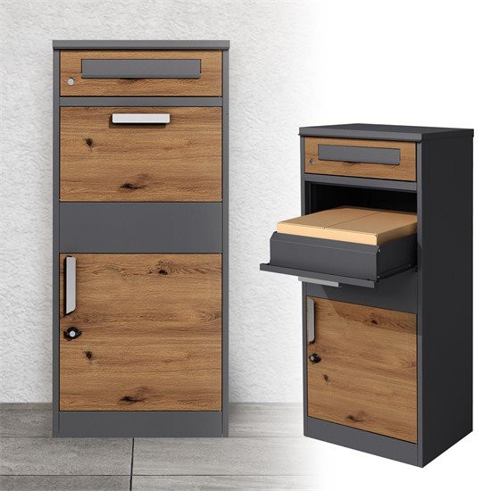 Paketbriefkasten ML-Design aus verzinktem Stahl in Anthrazit/Eiche-Optik, B/T/H: 50 x 37 x 112 cm - Bild 1