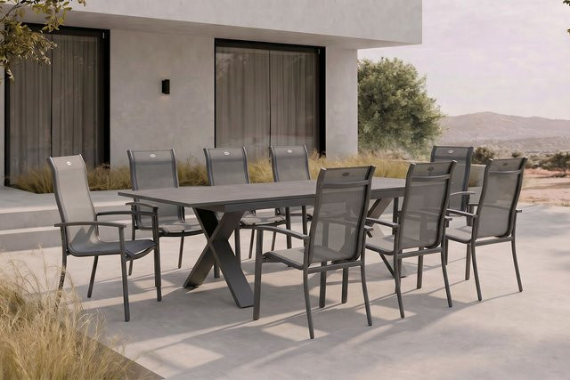Hartman Gartenmöbel Set Xanadu Alice Comfort in Anthrazit mit Tisch und 8 Stapelsesseln aus Aluminium und Glaskeramik, Tisch B/T: 280 x 100 cm und 220 x 100 cm erweiterbar - Bild 1