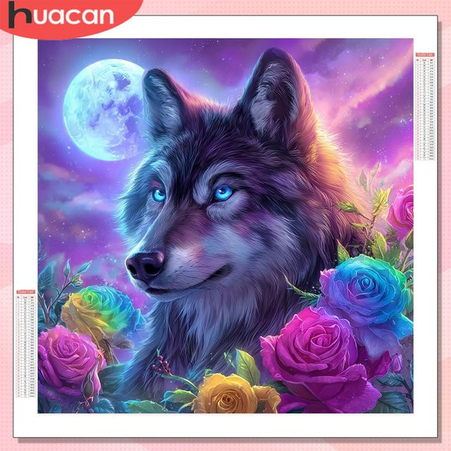HUACAN Diamant-Kunstgemälde Wolf und Rosenblüten als Diamant-Mosaik-Set mit Strass-Steinen in Multicolour, B/H: 20 x 20 cm - Bild 1