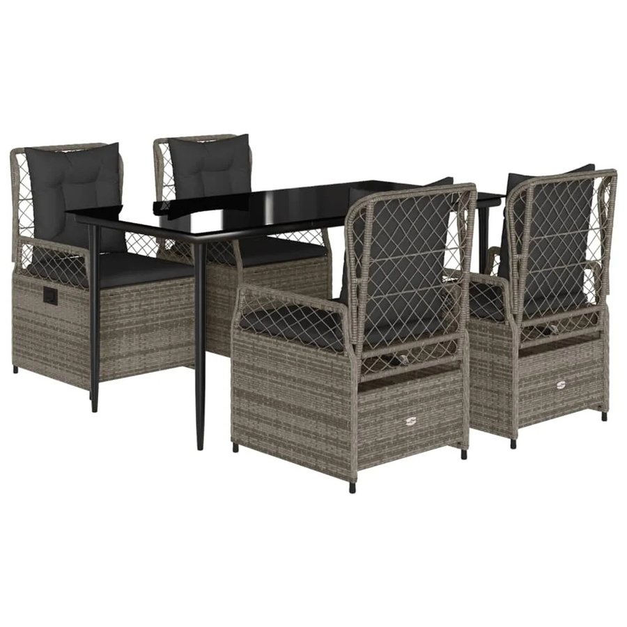 vidaXL 5-teilige Garten-Essgruppe aus Poly Rattan mit Kissen und gehärtetem Glas in Grau - Bild 2