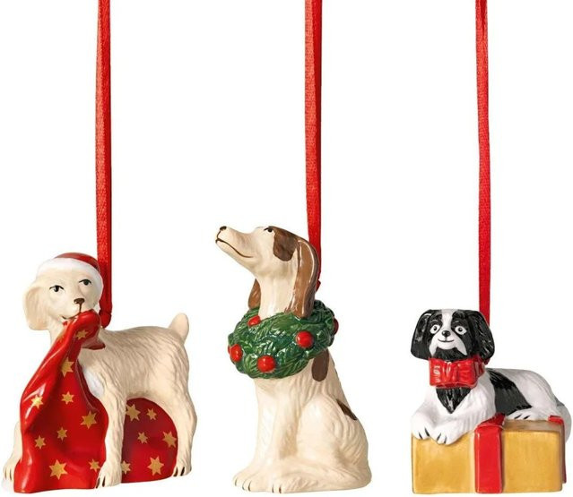 Villeroy & Boch Nostalgic Ornaments Weihnachtsanhänger Hunde aus Porzellan, 3-teiliges Set, Mehrfarbig - Bild 1