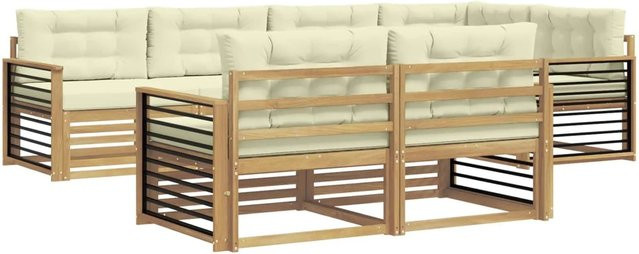 vidaXL Outdoor-Sofagarnitur in L-Form aus Akazienholz mit Kissen, 7-teiliges Set, Weiß und Beige - Bild 1