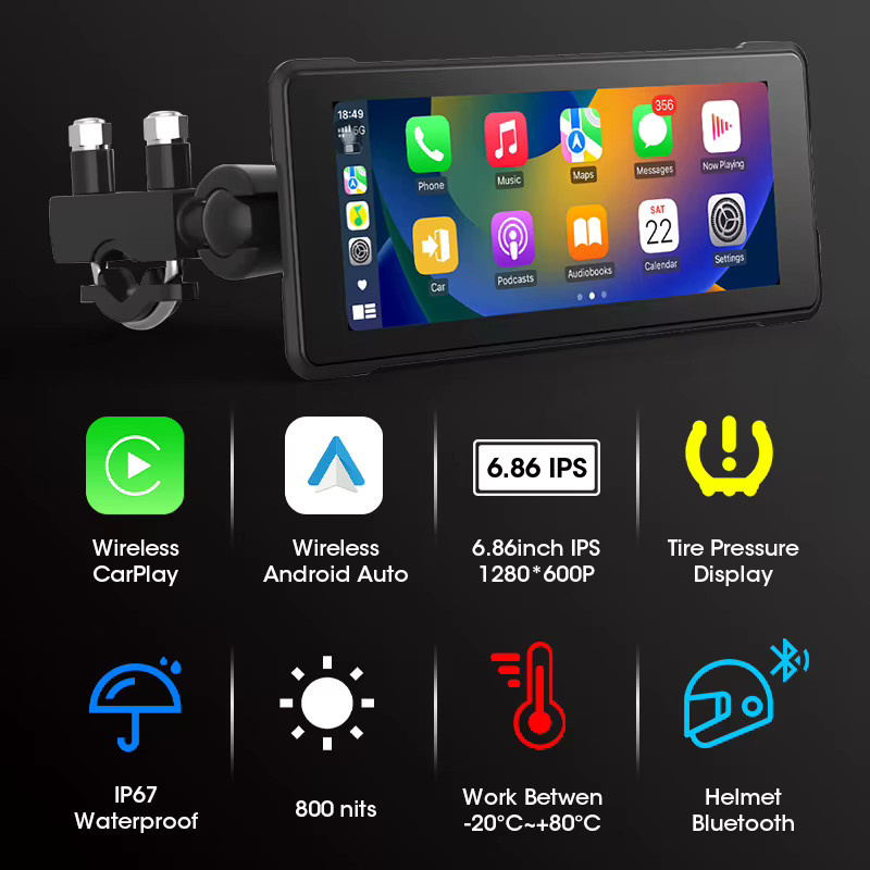 Srnubi Motorrad Dashcam mit 6,86 Zoll Display, 1080P Full HD Dual Cam, GPS Navigation, Wireless CarPlay und Android Auto sowie externem TPMS Sensor in Schwarz - Bild 3