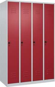C+P Spind Classic PLUS Garderobenschrank mit 4 Abteilen, Höhe: 185 cm, Breite: 120 cm, Tiefe: 50 cm, Sicherheits-Drehriegel, 4 Garderobenhaken und mittlere Trennwand, Lichtgrau/Rubinrot - Bild 1