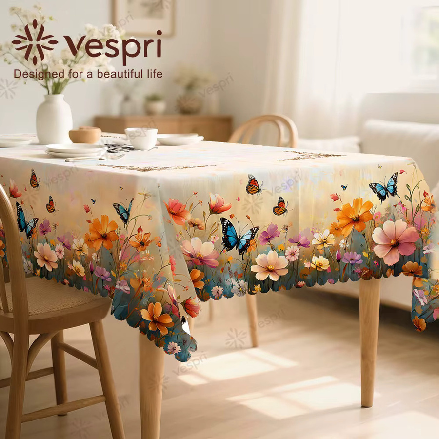 Vespri Frühlingstischdecke mit Blumen- und Schmetterlingsmuster in Weiß und Gelb aus Polyester - Bild 3