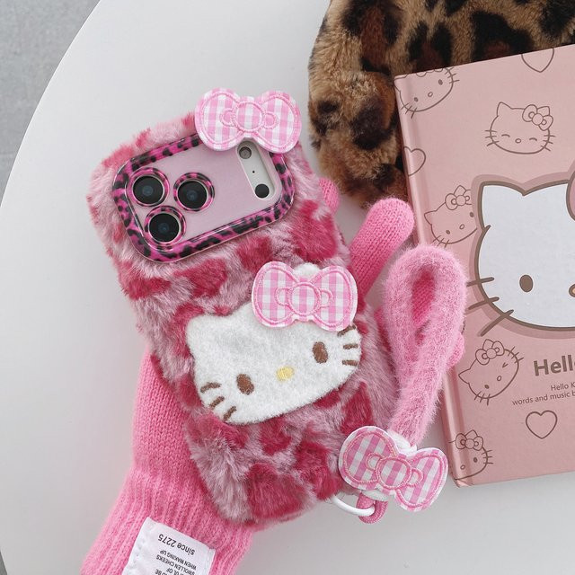 Sanrio Hello Kitty Plüsch-Handyhülle mit Leopardenmuster für iPhone 11 bis iPhone 17 Pro Max - Bild 1